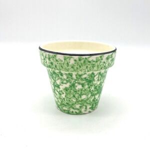 Stangl Pottery Green White Spongeware Flower Pot Planter Black Rim 3 inch